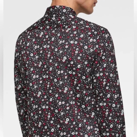 Zara Slim Fit Black Navy Floral Long Sleeve Button Down Men’s Size Large - Picture 2 of 12